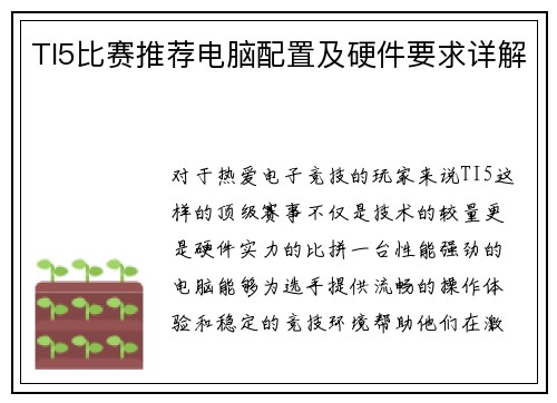 TI5比赛推荐电脑配置及硬件要求详解